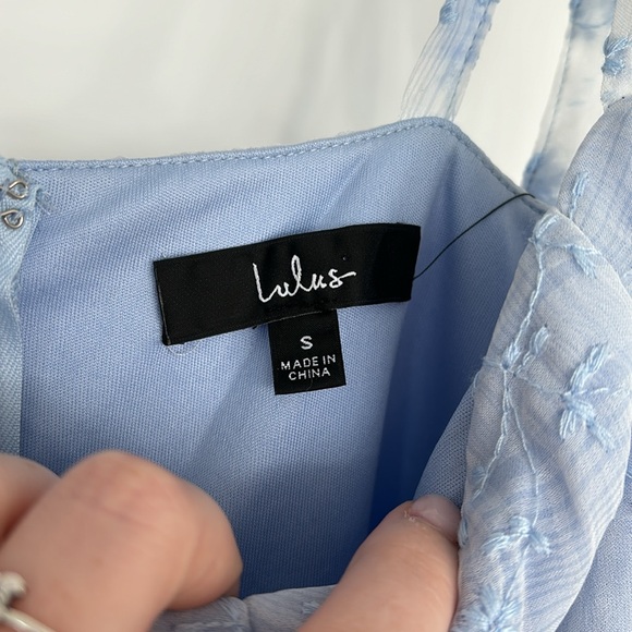 Lulus NWT Vineyard Visit Blue Embroidered Tie-Strap Tiered Midi Dress - Picture 10 of 14